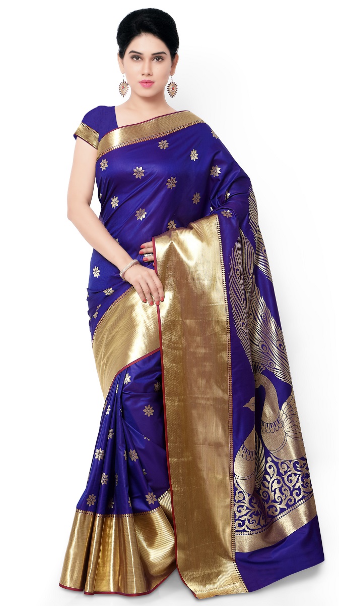 Buy Blue Color Silk Saree  Exclusive big Peacock Pallu 